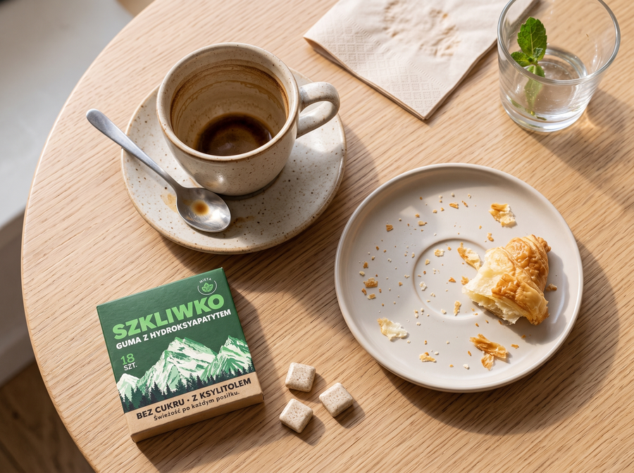 Kawa i guma Szkliwko po śniadaniu
